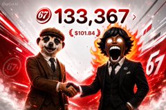 A meme-style image showing two anthropomorphic dog characters in suits shaking hands, with the number '133,367' and '($101.84)' displayed prominently, along with '67' logos.