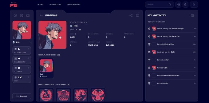 A dark-themed profile dashboard for a user named 'Rui' (Rank 5, +1.7K XP) on a platform called 'IT'S FB', displaying stats overview (3 Characters, 0 Origins, 4 Fragments), character collection including 'Cult', 'Hell' soulbound tokens, and a 'My Activity' panel showing recent actions like 'Wrote a story for Hose Bandage' and 'Earned avatar'.