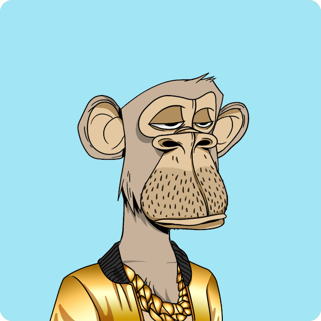 A cartoon illustration of a bored-looking monkey character with stubble, wearing a gold chain and yellow jacket against a blue background.