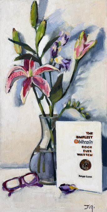 An oil painting still life of pink lilies and purple flowers in a blue vase, accompanied by a book titled 'THE SIMPLEST bitcoin BOOK EVER WRITTEN' by Keysa Luna and a pair of purple glasses.
