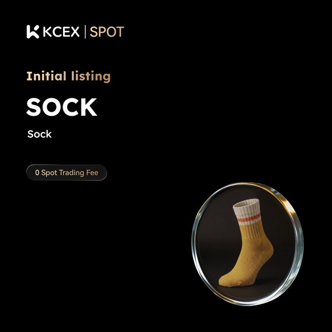 A cryptocurrency exchange graphic for "KCEX | SPOT" announces the "Initial listing" of "SOCK" with "0 Spot Trading Fee," featuring a yellow sock with orange stripes.