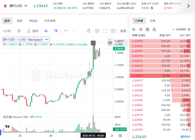 A cryptocurrency trading chart showing BP/USD pair trading at 1.23615 with a 24-hour increase of +45.29%, displaying candlestick price action and an order book.