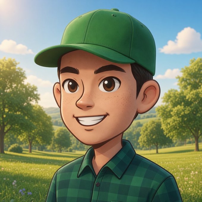 A cartoon-style illustration of a smiling young boy wearing a green baseball cap and a green plaid shirt, set against a sunny meadow with trees in the background.