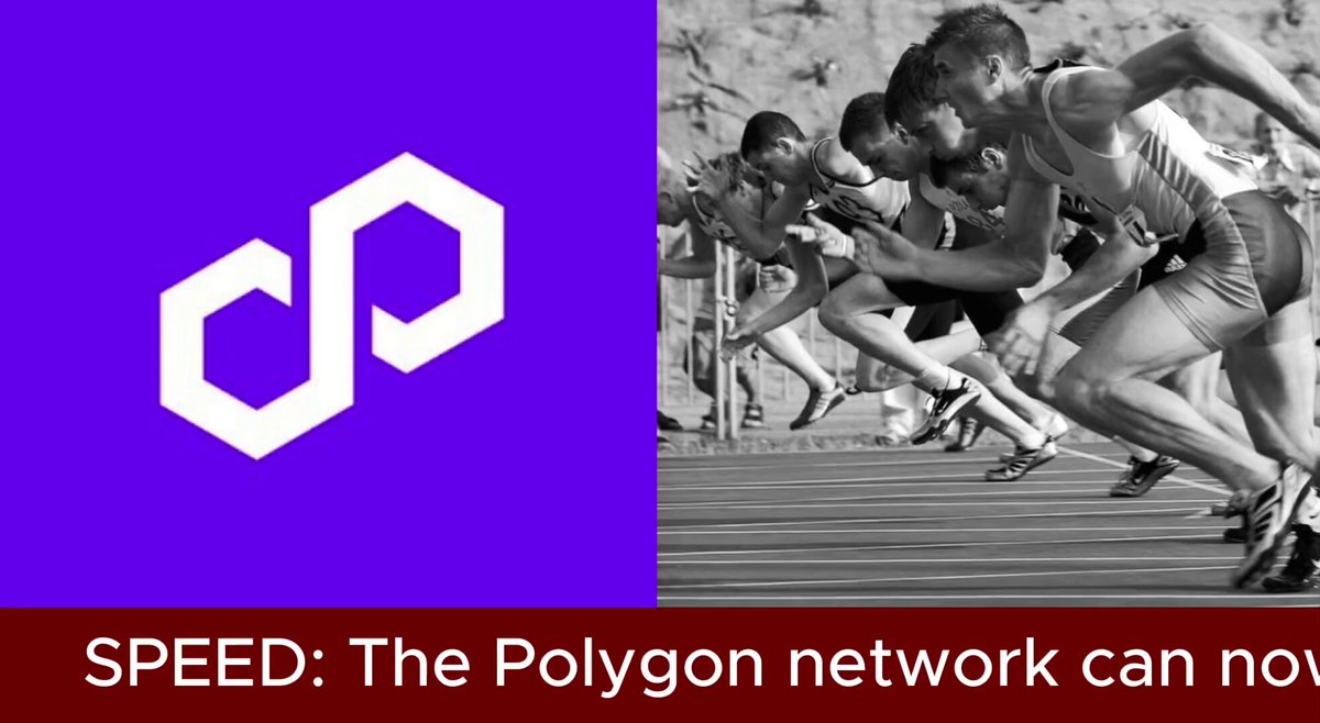 The image features a black and white photo of runners at the start line for a race, with the word "speed" written above them. Below this, there's text that reads "The Polygon network can now support 5,000 payments per second." The background is a light blue color, and it includes an image of a purple logo with a white "P" in the center.