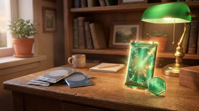 Fantasy illustration of a glowing green magical card and gem on a wooden desk next to cards, a notebook, and a green-shaded lamp in a cozy study.