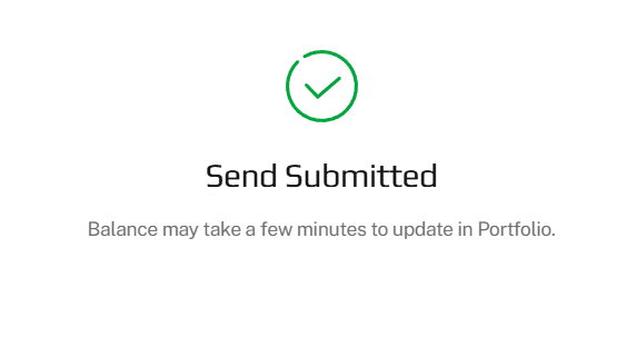 A confirmation screen displaying a green checkmark with the text "Send Submitted" and a note stating "Balance may take a few minutes to update in Portfolio," indicating the successful completion of a USDT shield transaction on the Primus platform.