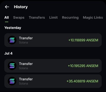 A transaction history screen from Bitget Wallet showing recent Solana transfers of ANSEM tokens, including +10.118899, +10.195295, and +35.408819 ANSEM.