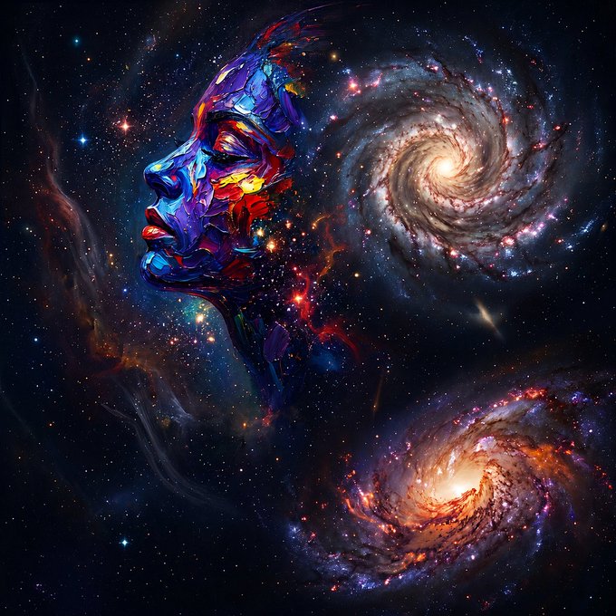 A cosmic dreamscape features a profile silhouette of a human face in vibrant purple and red hues, gazing toward two luminous spiral galaxies set against a star-filled nebula background. The artwork visually embodies the "Awakening Nebula" concept, merging cosmic wonder with human consciousness in a striking piece from the artist's final NFT collection on Tezos.