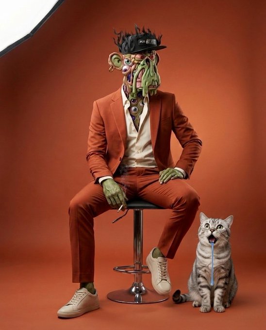 A surreal figure in an orange suit and crown-like headpiece sits on a stool holding a cigarette, accompanied by a cat drooling blue liquid, set against a bold orange backdrop—capturing the quirky, hopeful energy of waking up ready to chase crypto riches.