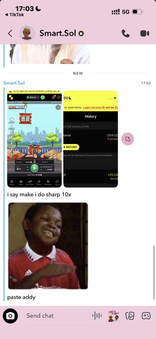A TikTok chat with Smart.Sol showing messages about gaming earnings and a meme of a child with the text "i say make i do sharp 10x" and "paste addy".