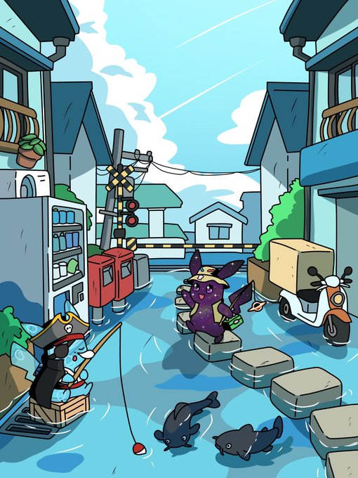 A colorful anime-style illustration of Pokémon characters (Mimikyu, Pikachu, and Wooper) fishing in a canal surrounded by Japanese-style buildings.