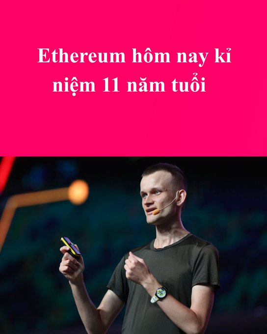 A graphic with a pink top section containing Vietnamese text "Ethereum hôm nay kỷ niệm 11 năm tuổi" (Ethereum today celebrates its 11th anniversary) above a photo of Vitalik Buterin, Ethereum's co-founder, speaking on stage while holding a presentation clicker.