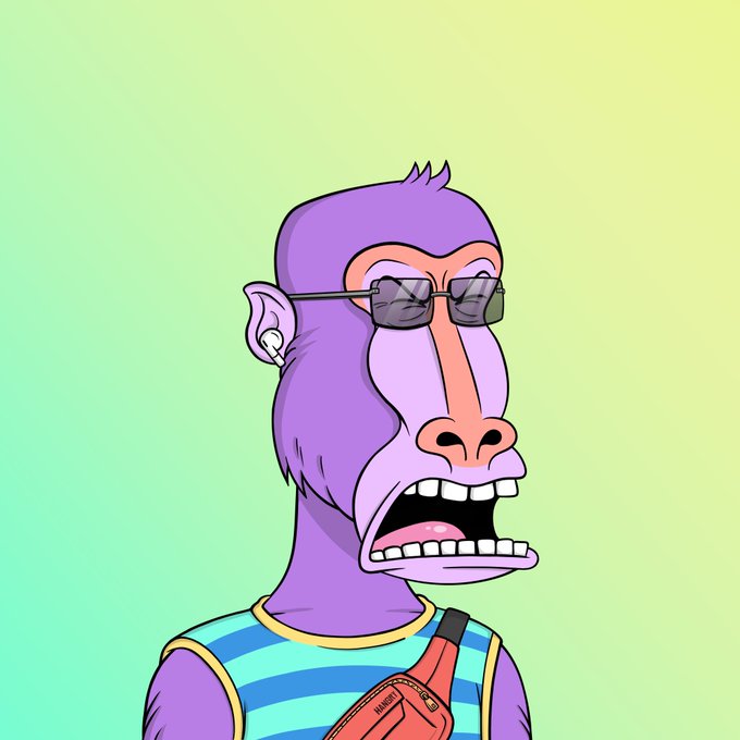 The image features a cartoon monkey wearing glasses, sunglasses, and a striped shirt. The monkey has an open mouth with teeth showing, giving off a playful and humorous vibe. The background of the image is green, which contrasts nicely with the purple color of the monkey's hair. There are no other objects or texts in the image besides the monkey and its surroundings.