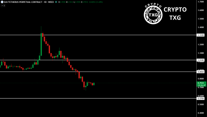 In this image, there is a technical chart for cryptocurrency trading. The main focus of the chart is the $SUI currency exchange rate, with a notable trendline showing that the price has been steadily declining over time. This decline has led to an increase in the value of the $SUI currency against other cryptocurrencies. The price movement suggests that there might be some upward pressure on SUI against Bitcoin or another cryptocurrency, but ultimately, it seems that Bitcoin is experiencing a downward trend at this time.