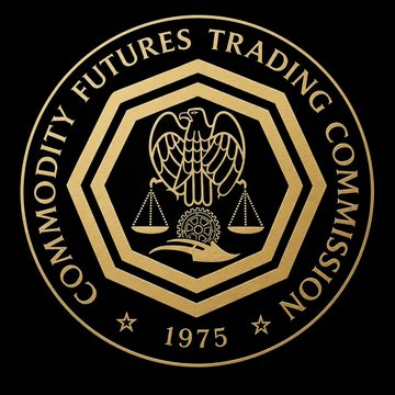 The image displays the official gold seal of the Commodity Futures Trading Commission (CFTC), dated 1975, featuring an eagle, scales of justice, and an octagonal border. The seal relates to the post as the CFTC is the regulatory body that oversees and approves prediction market-style options tied to companies like Coinbase, Nvidia, and Tesla.