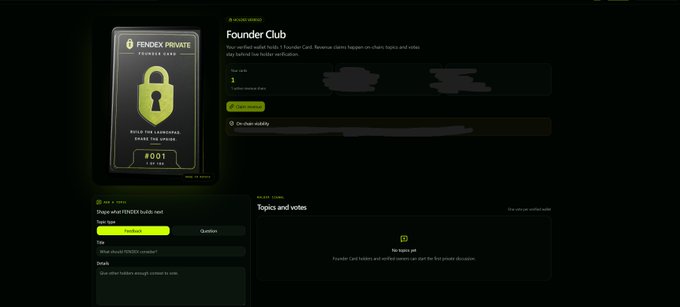 A FENDEX Private Founder Club membership page displaying an NFT card and benefits, including 'Hold 10' status and ownership of Founder Club NFT.