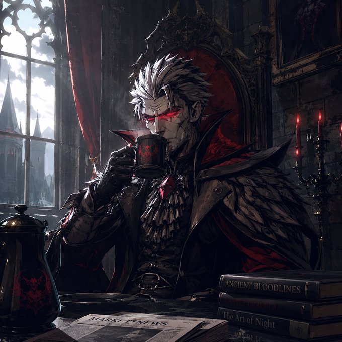 Digital artwork of a white-haired vampire with glowing red eyes drinking from a cup, sitting in a gothic castle setting with books titled 'ANCIENT BLOODLINES' and 'The Art of Night' nearby.
