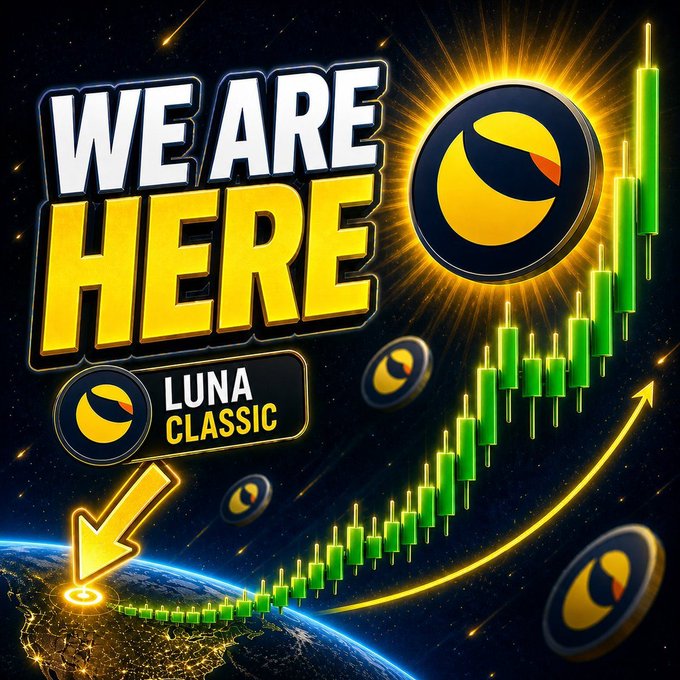 A digital graphic promoting "LUNA CLASSIC" with the text "WE ARE HERE" displayed alongside a green candlestick chart trending upward and a coin logo.