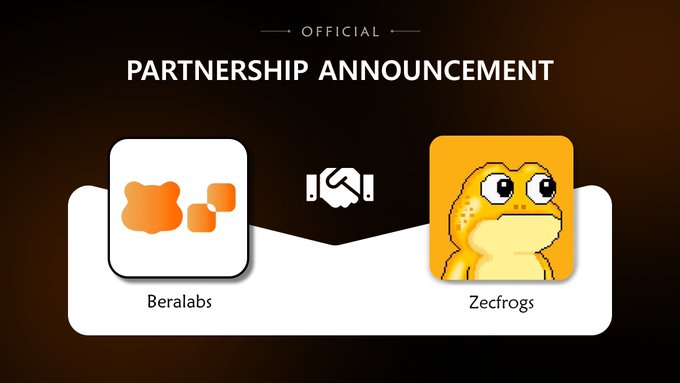 A promotional graphic titled 'OFFICIAL PARTNERSHIP ANNOUNCEMENT' featuring two logos: 'Beralabs' (orange shape) and 'Zecfrogs' (a frog character), with a handshake icon between them.
