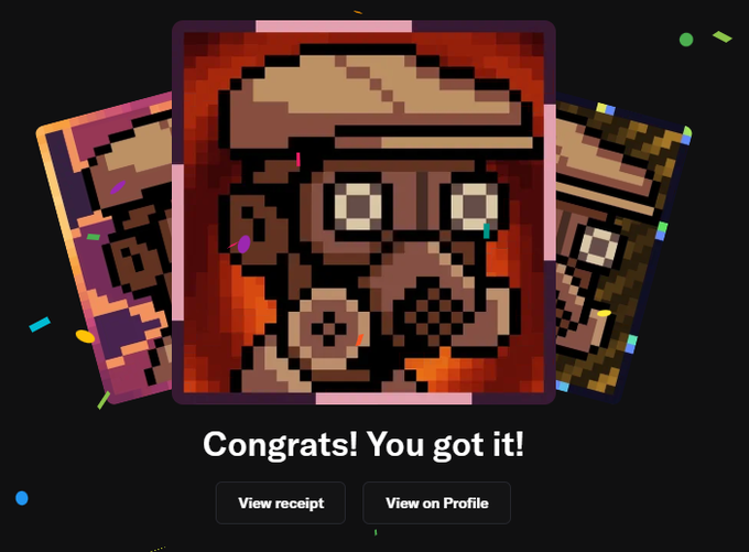 A digital interface showing three pixel-art character cards against a dark background with confetti, featuring the text 'Congrats! You got it!' and buttons for 'View receipt' and 'View on Profile'.