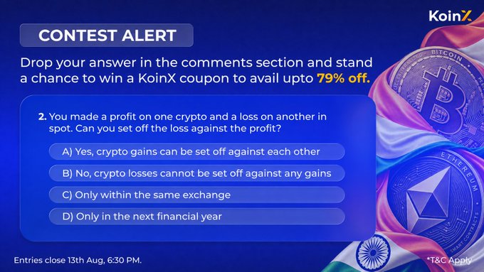 A KoinX contest alert asking a tax question: 'You made a profit on one crypto and a loss on another in spot. Can you set off the loss against the profit?' with four multiple choice answers.