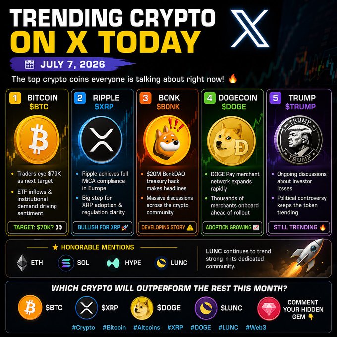 A crypto social media graphic titled "Trending Crypto on X Today" dated July 7, 2026, ranking the top 5 trending coins: Bitcoin ($BTC), Ripple ($XRP), Bonk ($BONK), Dogecoin ($DOGE), and Trump ($TRUMP), with honorable mentions for ETH, SOL, HYPE, and LUNC, and a call-to-action asking viewers to comment their hidden gem pick.