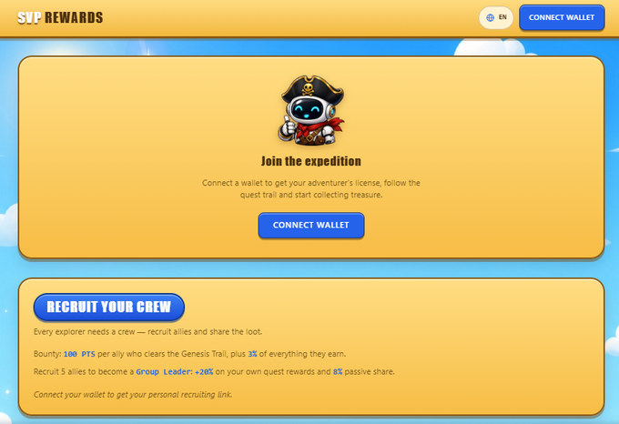 The image shows the SVP Rewards webpage featuring a pirate robot mascot inviting users to "Join the expedition" by connecting their wallet, along with details on earning 100 PTS per ally recruited plus 1% of their earnings, 20% quest rewards for recruiting 5 Group Leaders, and 6% passive share—directly illustrating the post's call to action to connect a wallet and start earning PTS at rewards.svpstars.com.