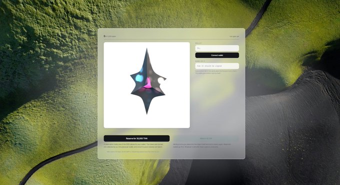 A login or signup page for what appears to be the 'a16z crypto' platform, featuring a colorful geometric star-like logo on a frosted glass interface set against a textured green and brown background. The page includes fields for email and password, a 'Connect wallet' button, and a 'Balance for $0.00 / Day' display.