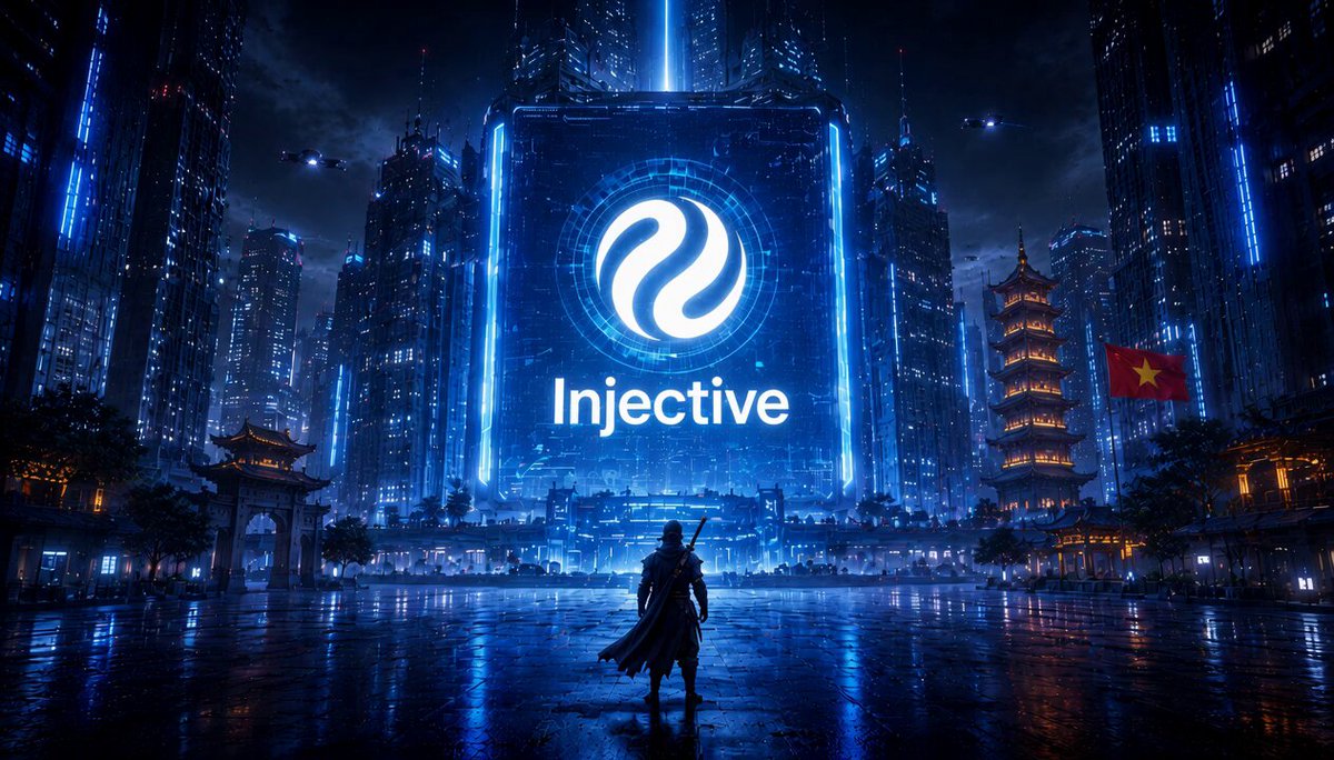 The image features an illustration of a cityscape with buildings lit up by blue neon lights at night. In the center of this scene, there's a person holding a sword, standing out against the dark background. The text "Injective" is written in white letters above and below the person, indicating that they are part of a project or initiative related to injecting new life into an existing ecosystem. The post also mentions the evolution of blockchain technology from a DeFi ecosystem to a financial infrastructure layer, as well as the potential for AI agents trading onchain.
