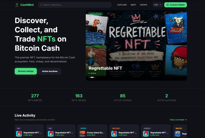 The image shows the CashMint homepage featuring the "Regrettable NFT" collection on the Bitcoin Cash ecosystem, with stats showing 277 NFTs minted, 163 traded, 85 active listings, and 2 active auctions, directly supporting the post's claim about the NFT being a featured project on cashmint.cash at 22% completion.