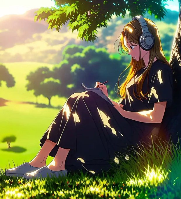 The image features a girl sitting outside in a field wearing headphones while writing something down with a pen and paper. The scene has a peaceful atmosphere as she enjoys her time outdoors.