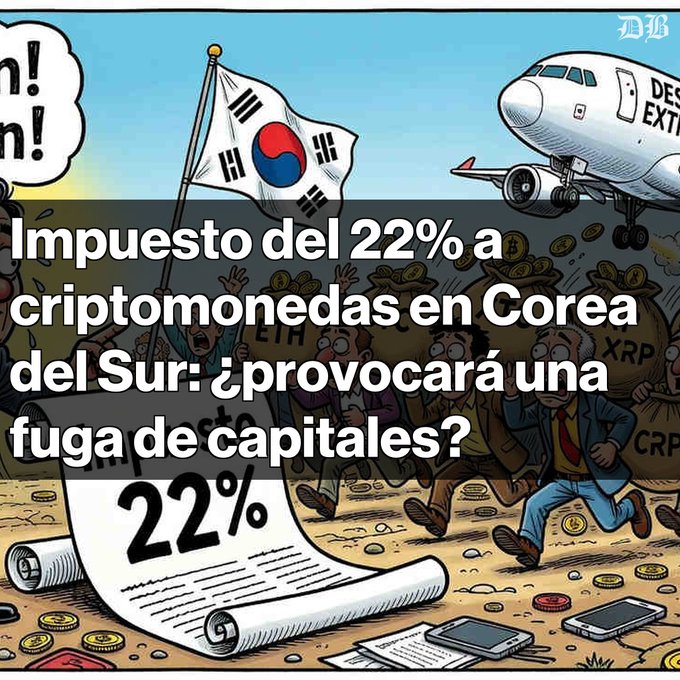 A cartoon illustration of panicked people fleeing with cryptocurrency bags near a South Korean flag and airplane, with text reading 'Impuesto del 22% a criptomonedas en Corea del Sur: ¿provocará una fuga de capitales?' and a '22%' document.