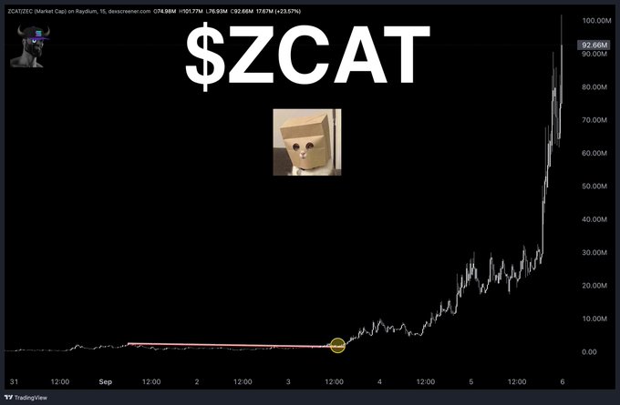 A TradingView chart for $ZCAT shows a dramatic price surge from ~$1.00M to $92.66M (a +213.57% gain) over two days, illustrating the "100x in 2 days" return referenced in the post. The image features a cartoon cat meme overlay, matching the playful meme-token theme of the ZCAT ticker.
