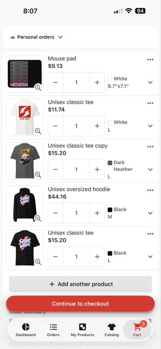 A mobile shopping cart displaying personal orders including a mouse pad ($9.13), Unisex classic tees ($11.74 and $15.20), and a Unisex oversized hoodie ($44.16), with a cart total of 5 items and a 'Continue to checkout' button.