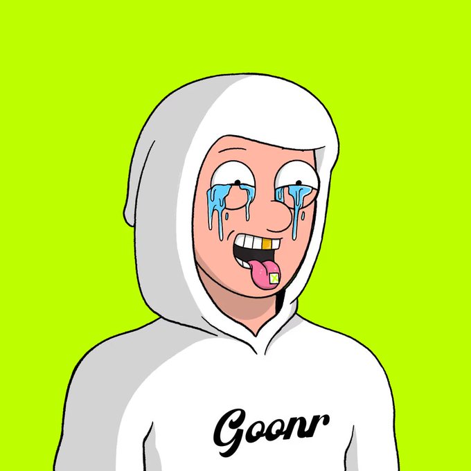 A cartoon illustration of a character in a white hoodie with the word "Goonr" on it, crying heavily with blue tears and tongue sticking out against a green background.