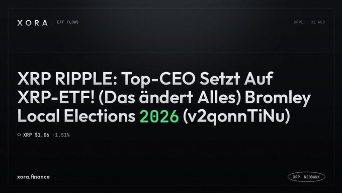 A dark-themed XORA finance graphic displays the headline "XRP RIPPLE: Top-CEO Setzt Auf XRP-ETF! (Das ändert Alles) Bromley Local Elections 2026 (v2qonnTiNu)" with XRP priced at $1.06 (-1.51%), visualizing the breaking news about a top CEO betting on an XRP ETF.