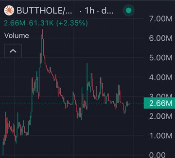 A cryptocurrency price chart for the token 'BUTTHOLE/...', showing a current price of 2.66M with a 1-hour change of 61.31K (+2.35%), plotted against volume on the y-axis.