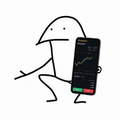 A simple cartoon figure holds a smartphone displaying a Bitcoin (BTC/USDT) trading chart on the Binance app with green and red Buy/Sell buttons.