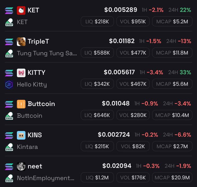 A dark-themed cryptocurrency trading interface listing tokens including KET ($0.005289), TripleT ($0.01182), KITTY ($0.005617), Buttcoin ($0.01048), KINS ($0.002724), and neet ($0.02094) with their respective liquidity, volume, and market cap stats.