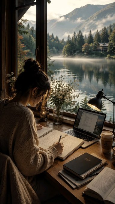 A woman works at a wooden desk by a window with a laptop, notebook, and coffee, overlooking a serene mountain lake with pine trees.