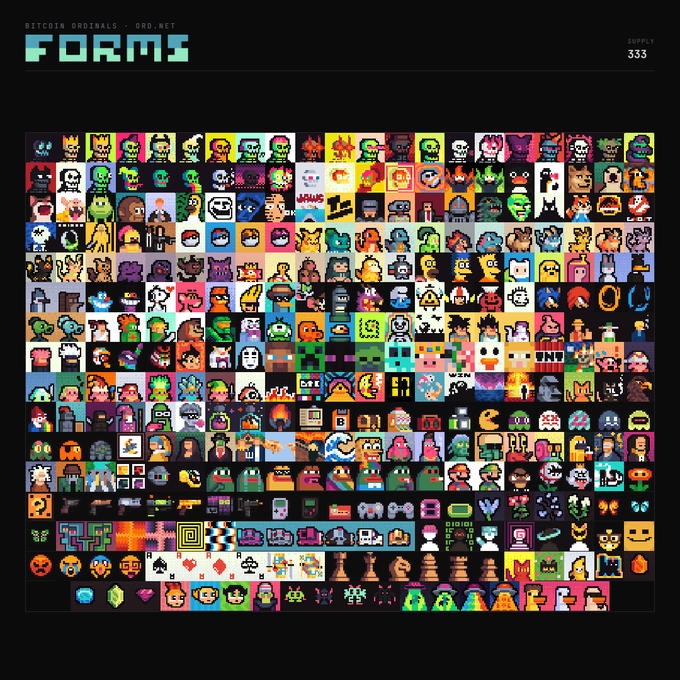 A grid collage of pixel art characters from 'FORMS - BITCOIN ORDINALS - ORD.NET' showing supply number 333, filled with colorful 8-bit style illustrations.