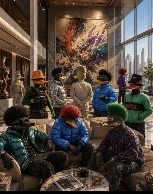 AI-generated artistic image of anthropomorphic ducks dressed in trendy streetwear clothing gathered in a luxurious modern living room with a large abstract painting and city view.