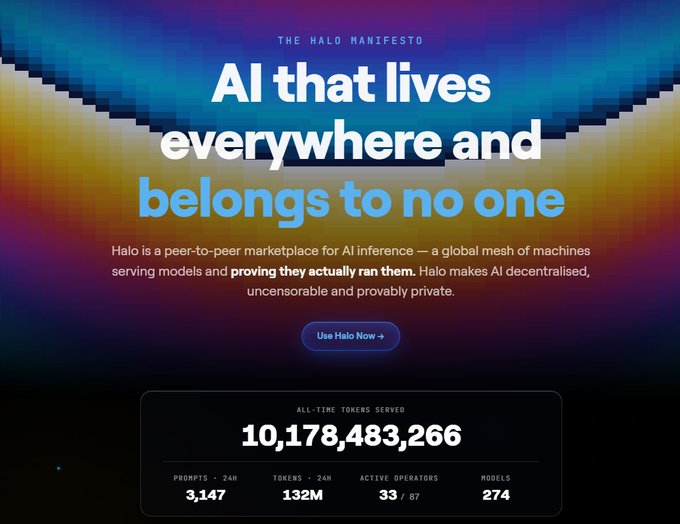 A promotional webpage for 'The HALO MANIFESTO' featuring the tagline 'AI that lives everywhere and belongs to no one,' highlighting '10,178,483,266 ALL-TIME TOKENS SERVED'.