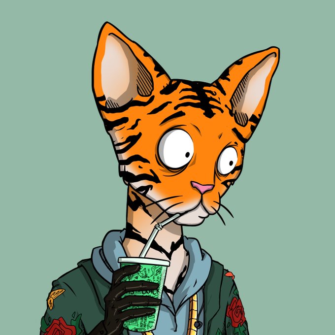 A cartoon illustration of an anthropomorphic orange tabby cat with wide eyes, wearing a dark jacket with red roses, and drinking from a green cup through a straw.