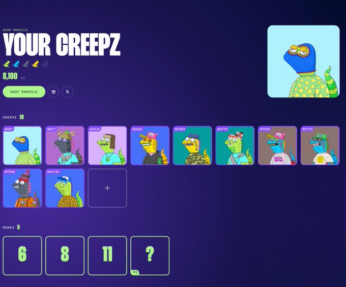 A digital profile page titled 'YOUR GREEPZ' displays an XP score of 8,100, a collection of 10 colorful creature avatars, and a row of runes showing numbers 6, 8, 11, and '?'.
