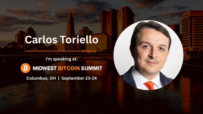 A promotional graphic for Carlos Toriello speaking at the Midwest Bitcoin Summit in Columbus, OH on September 23-24, featuring his portrait against a city skyline.