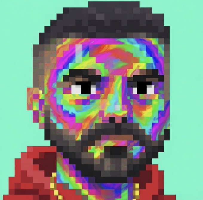 A pixel art portrait features a bearded man with a beanie wearing a red shirt and gold chain, with his face glitched into a psychedelic rainbow-colored swirl pattern against a teal background.