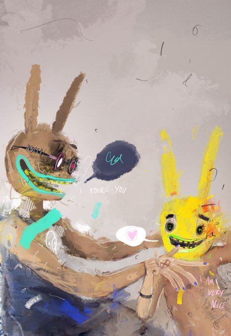 Abstract digital painting featuring two distorted rabbit-like figures with speech bubbles reading 'BORED', 'CIA', and 'I ADORE YOU', plus a heart bubble.