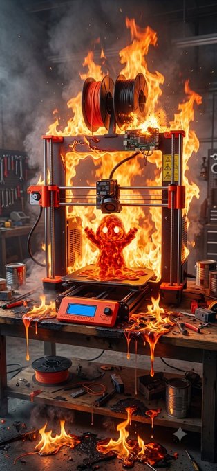 A dramatic scene of a 3D printer engulfed in flames, printing a small figure with melted plastic dripping down.