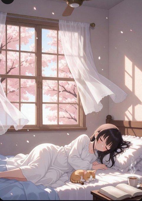 The image features a woman sleeping peacefully with her cat by her side, both of them lying on a bed. The scene takes place next to a window that has white curtains, allowing natural light into the room. A cup can be seen placed nearby, suggesting someone might have been enjoying a drink while they were resting. The overall atmosphere is calm and serene, with the woman and her cat sharing a moment of tranquility in their cozy bedroom setting.